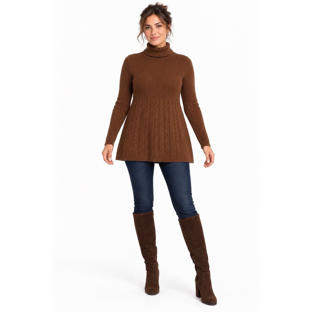 Soft Surroundings PM Brown Cable Knit Turtleneck Tunic Sweater Wool Cashmere